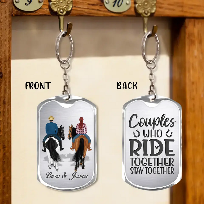 Personalized Couple Riding Horses Aluminum Keychain - Best Gift For Couple, Horse Lover - Couples Who Ride Together Stay Together