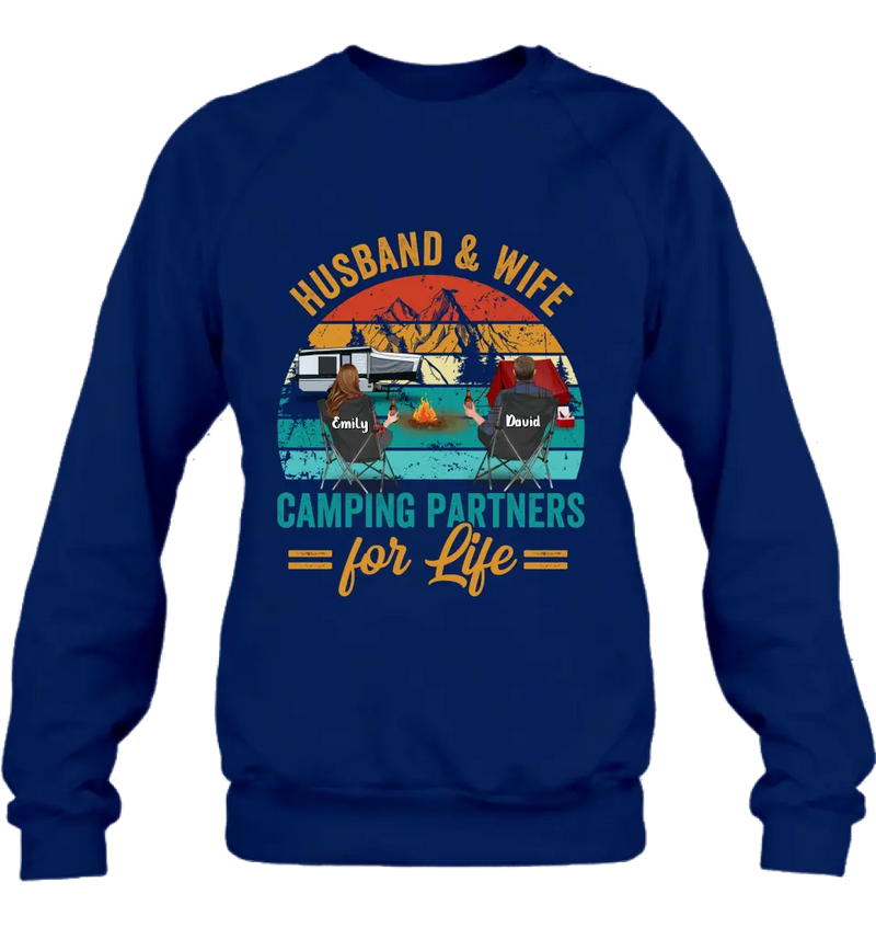 Personalized Camping Shirt/Hoodie - Couple With Up to 2 Children & 3 Pets - Camping Lovers Gift Idea - Husband & Wife Camping Partners For Life