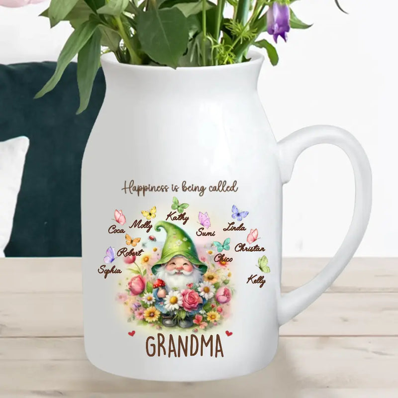 Personalized Grandma Mom Gnome Foldable Ceramic Flower Vase - Best Gift Idea For Grandma/Mother's Day - Up to 10 Kids - Happiness Is Being Called Grandma