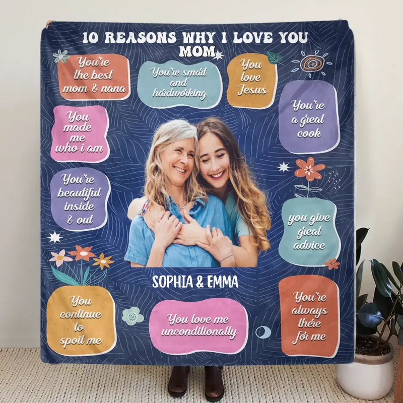 Personalized Photo Quilt/Fleece Throw Blanket - Mother's Day Gift Idea for Mom/Grandma - 10 Reasons Why I Love You