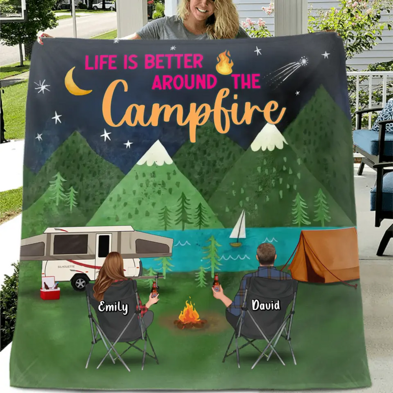 Personalized Camping Quilt/Fleece Throw Blanket - Gift Idea For Family Camping Lover - Couple/Single Parent With Up to 5 Kids & 4 Pets - Life Is Better Around The Campfire