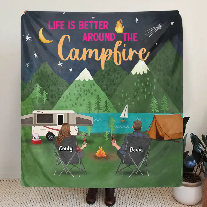 Personalized Camping Quilt/Fleece Throw Blanket - Gift Idea For Family Camping Lover - Couple/Single Parent With Up to 5 Kids & 4 Pets - Life Is Better Around The Campfire