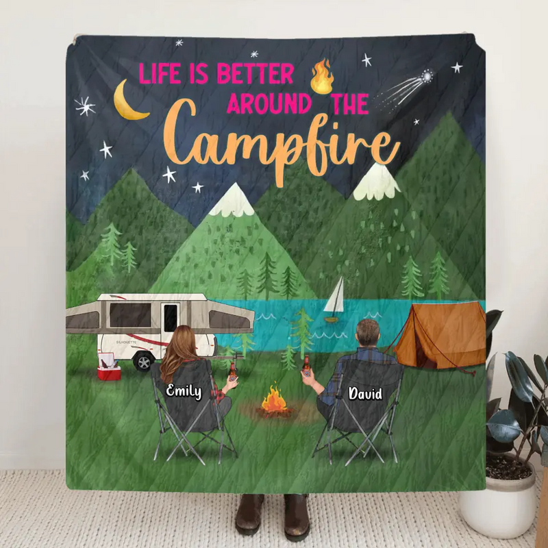 Personalized Camping Quilt/Fleece Throw Blanket - Gift Idea For Family Camping Lover - Couple/Single Parent With Up to 5 Kids & 4 Pets - Life Is Better Around The Campfire
