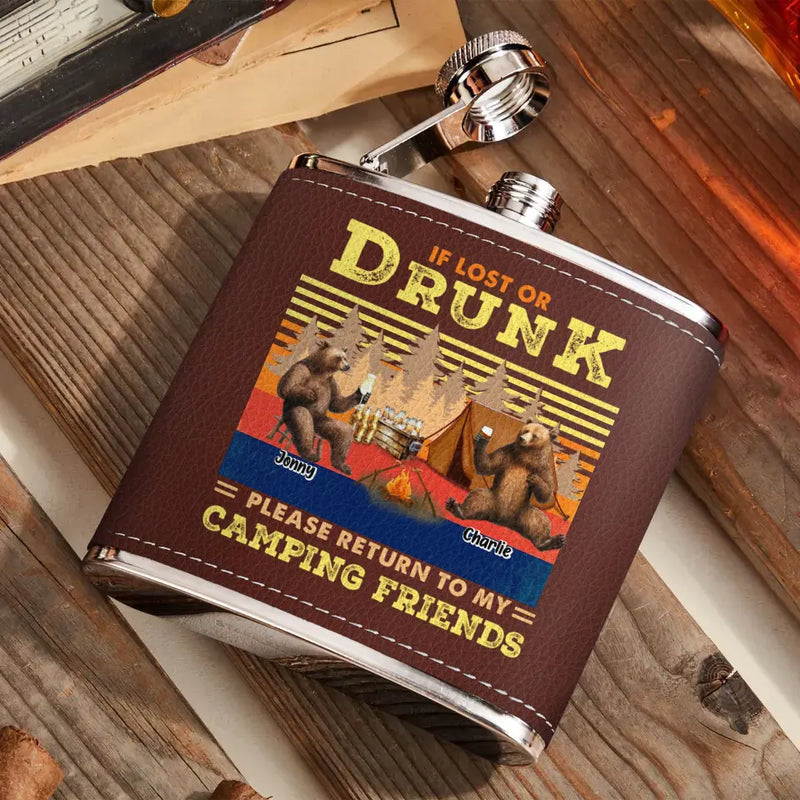 Personalized Camping Leather Flask - Up to 6 Bears - Father's Day Gift Idea for Camping Lovers -If Lost Or Drunk Please Return To My Camping Friends