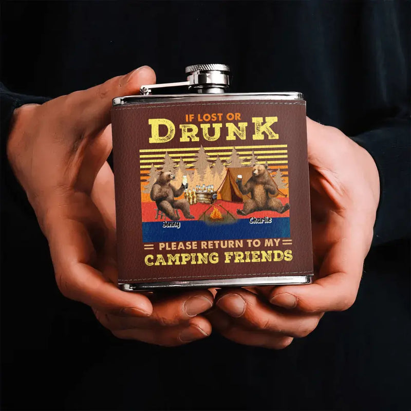 Personalized Camping Leather Flask - Up to 6 Bears - Father's Day Gift Idea for Camping Lovers -If Lost Or Drunk Please Return To My Camping Friends