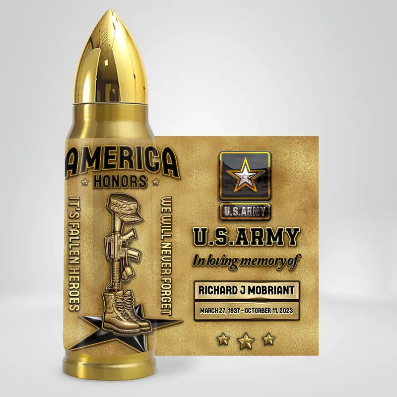 Personalized Memorial Veteran Bullet Tumbler - Gift Idea For Dad/Father's Day/Veteran - We Will Never Forget