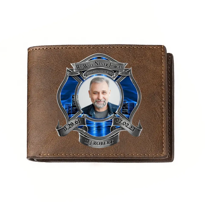 Personalized Memorial Firefighter Leather Wallet - Memorial Gift Idea for Father's Day - We Will Never Forget