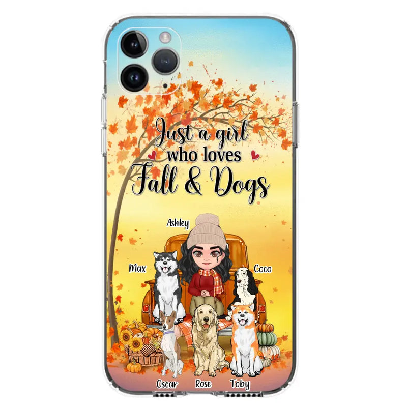 Personalized Dog Mom Fall Season Phone Case - Autumn Gift Idea For Dog Owners - Up to 5 Dogs - Case For iPhone/Samsung - Just A Girl Who Loves Fall & Dogs