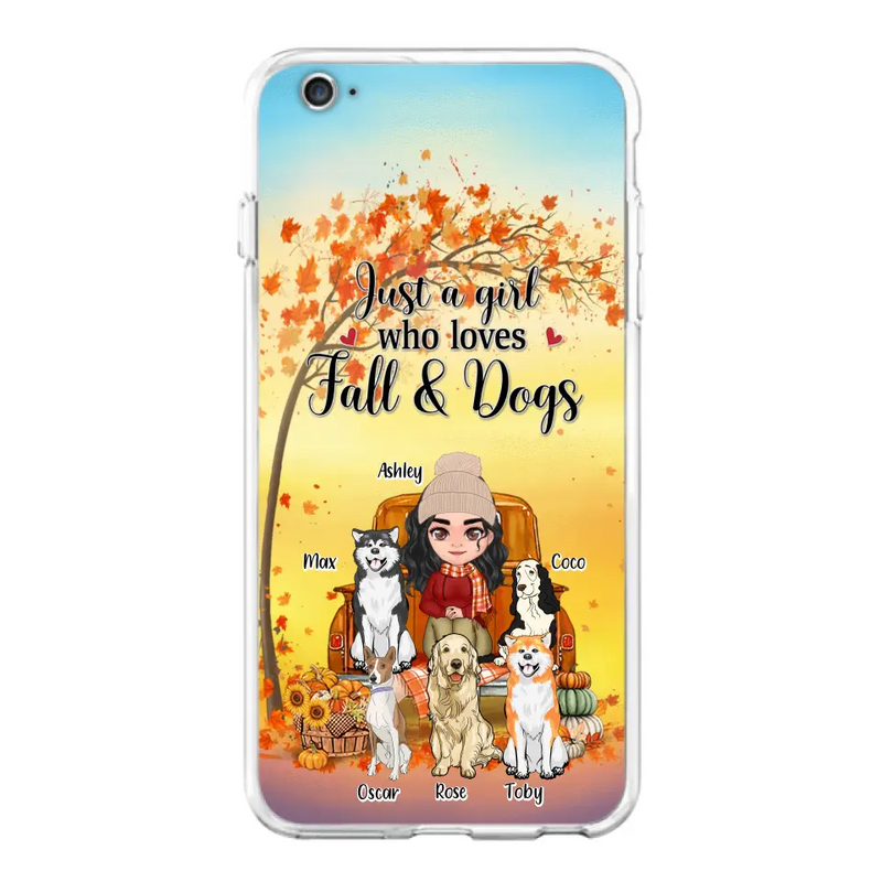 Personalized Dog Mom Fall Season Phone Case - Autumn Gift Idea For Dog Owners - Up to 5 Dogs - Case For iPhone/Samsung - Just A Girl Who Loves Fall & Dogs