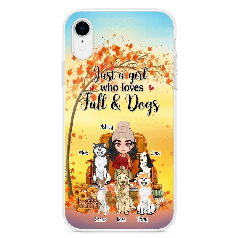 Personalized Dog Mom Fall Season Phone Case - Autumn Gift Idea For Dog Owners - Up to 5 Dogs - Case For iPhone/Samsung - Just A Girl Who Loves Fall & Dogs