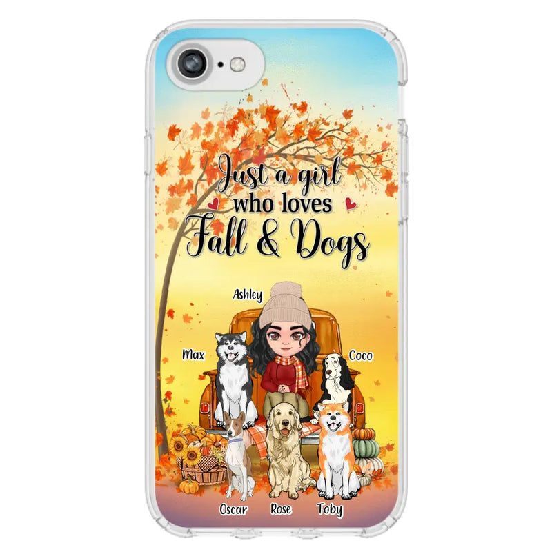 Personalized Dog Mom Fall Season Phone Case - Autumn Gift Idea For Dog Owners - Up to 5 Dogs - Case For iPhone/Samsung - Just A Girl Who Loves Fall & Dogs