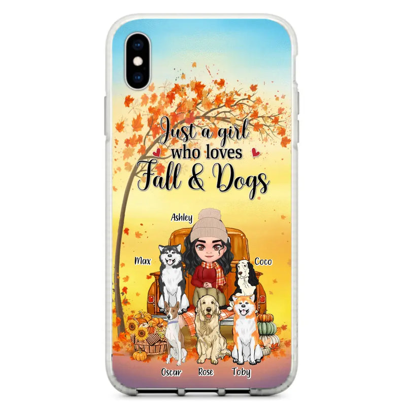 Personalized Dog Mom Fall Season Phone Case - Autumn Gift Idea For Dog Owners - Up to 5 Dogs - Case For iPhone/Samsung - Just A Girl Who Loves Fall & Dogs