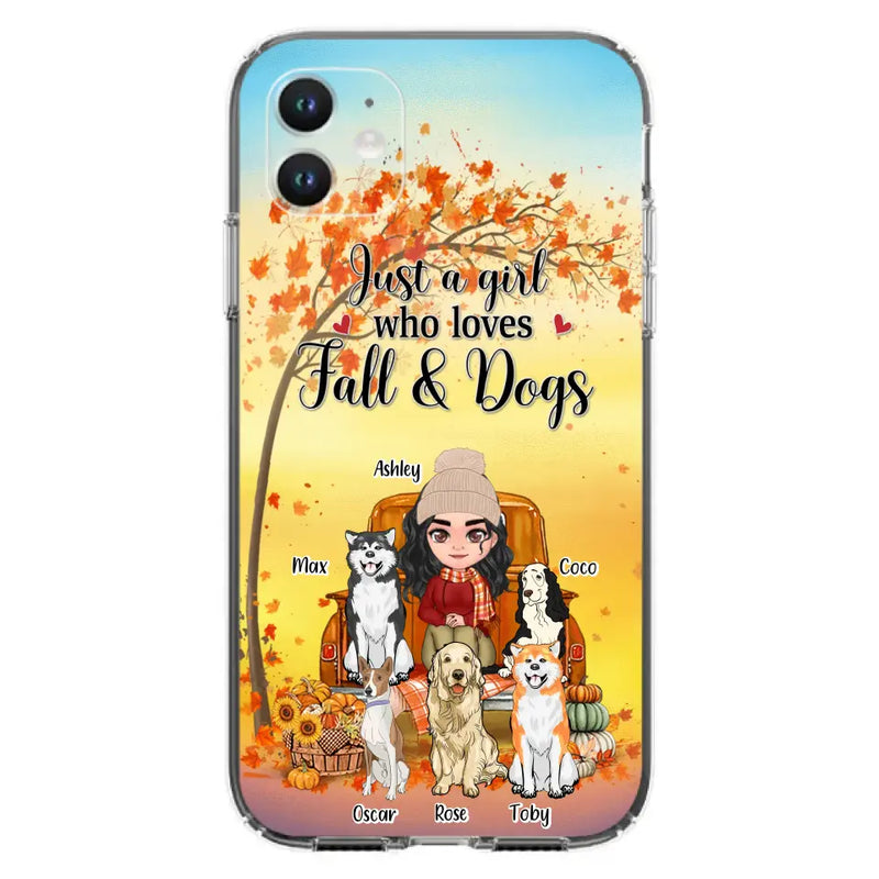 Personalized Dog Mom Fall Season Phone Case - Autumn Gift Idea For Dog Owners - Up to 5 Dogs - Case For iPhone/Samsung - Just A Girl Who Loves Fall & Dogs