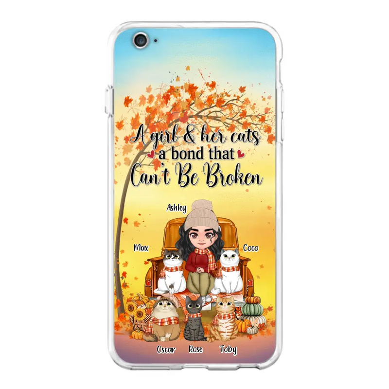 Personalized Cat Mom Fall Season Phone Case - Gift Idea For Cat Owners - Up to 5 Cats - Case For iPhone/Samsung - A Girl & Her Cats A Bond That Can't Be Broken