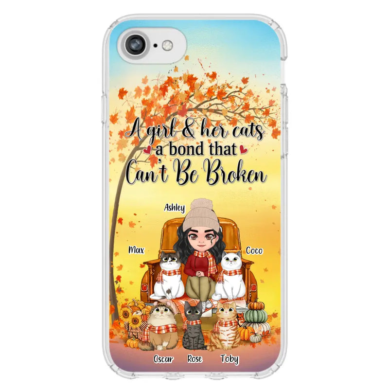 Personalized Cat Mom Fall Season Phone Case - Gift Idea For Cat Owners - Up to 5 Cats - Case For iPhone/Samsung - A Girl & Her Cats A Bond That Can't Be Broken