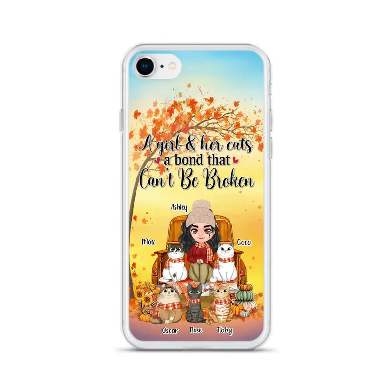 Personalized Cat Mom Fall Season Phone Case - Gift Idea For Cat Owners - Up to 5 Cats - Case For iPhone/Samsung - A Girl & Her Cats A Bond That Can't Be Broken