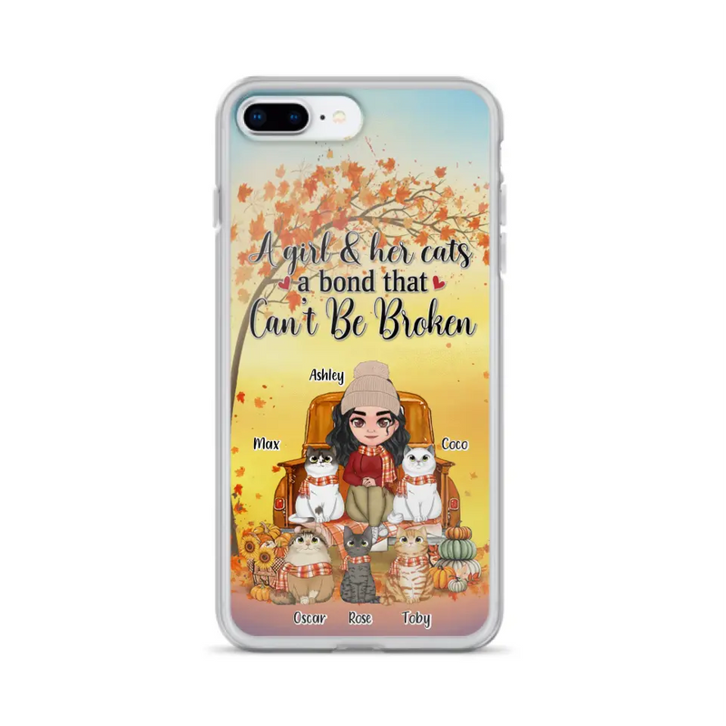 Personalized Cat Mom Fall Season Phone Case - Gift Idea For Cat Owners - Up to 5 Cats - Case For iPhone/Samsung - A Girl & Her Cats A Bond That Can't Be Broken