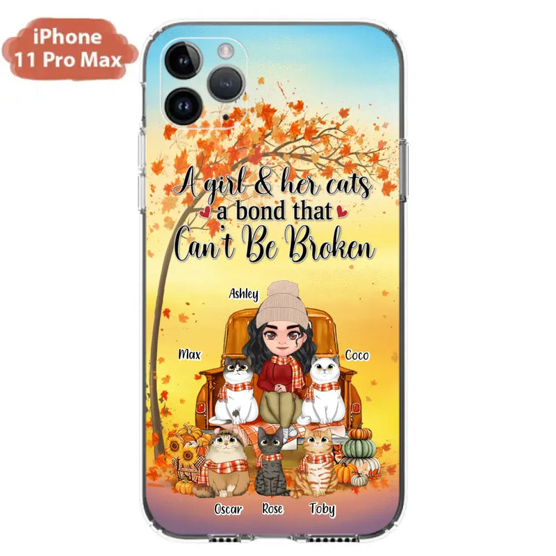 Personalized Cat Mom Fall Season Phone Case - Gift Idea For Cat Owners - Up to 5 Cats - Case For iPhone/Samsung - A Girl & Her Cats A Bond That Can't Be Broken