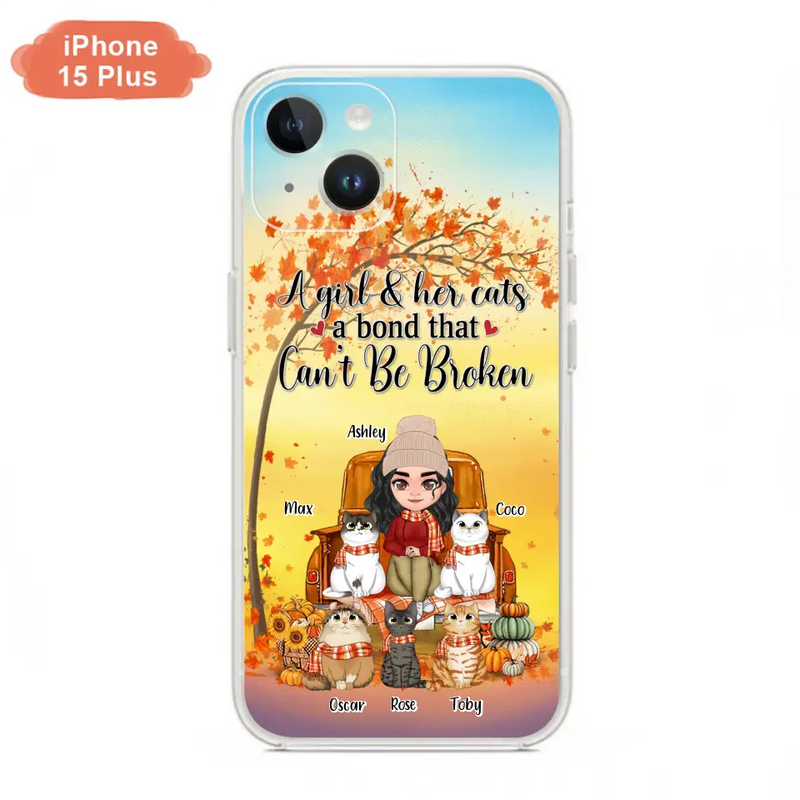 Personalized Cat Mom Fall Season Phone Case - Gift Idea For Cat Owners - Up to 5 Cats - Case For iPhone/Samsung - A Girl & Her Cats A Bond That Can't Be Broken