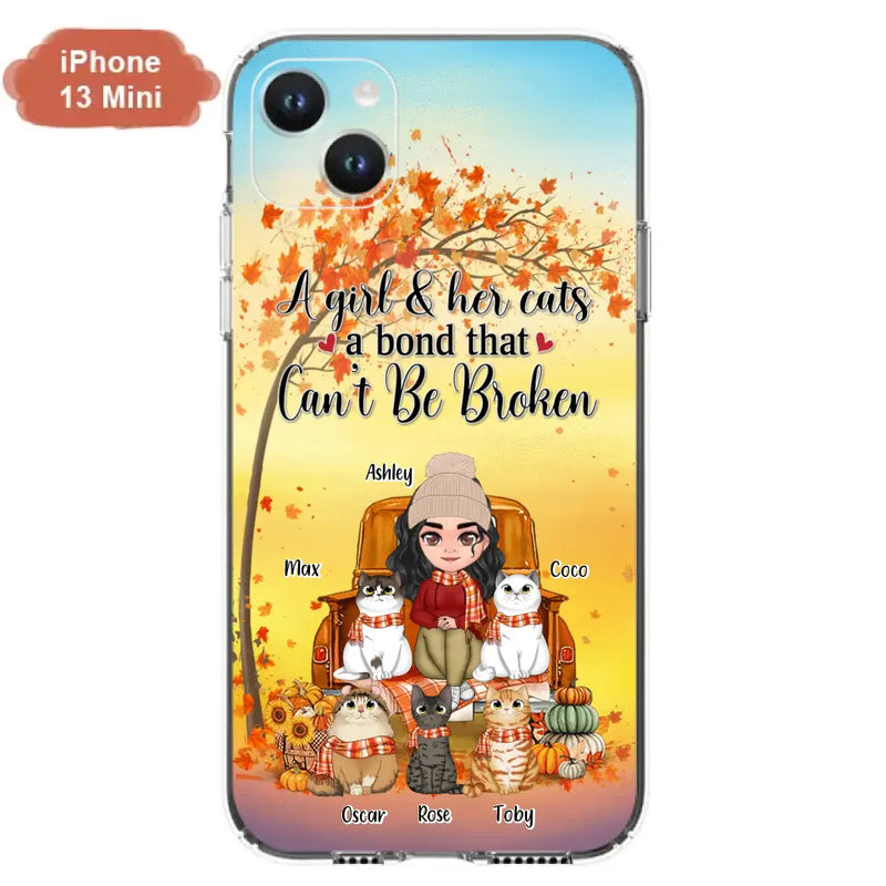 Personalized Cat Mom Fall Season Phone Case - Gift Idea For Cat Owners - Up to 5 Cats - Case For iPhone/Samsung - A Girl & Her Cats A Bond That Can't Be Broken