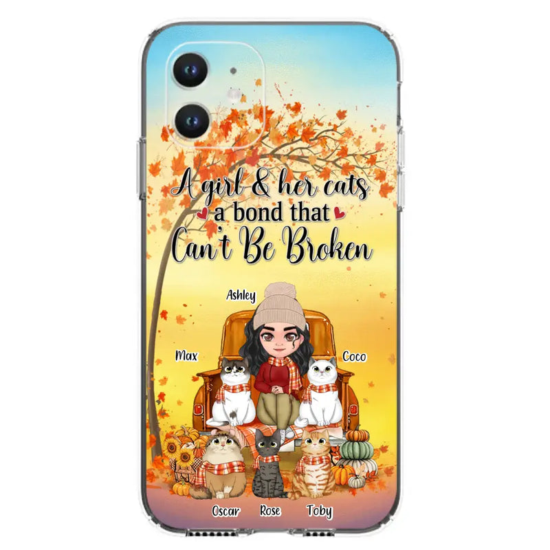 Personalized Cat Mom Fall Season Phone Case - Gift Idea For Cat Owners - Up to 5 Cats - Case For iPhone/Samsung - A Girl & Her Cats A Bond That Can't Be Broken