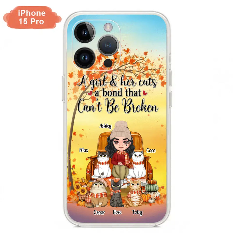 Personalized Cat Mom Fall Season Phone Case - Gift Idea For Cat Owners - Up to 5 Cats - Case For iPhone/Samsung - A Girl & Her Cats A Bond That Can't Be Broken