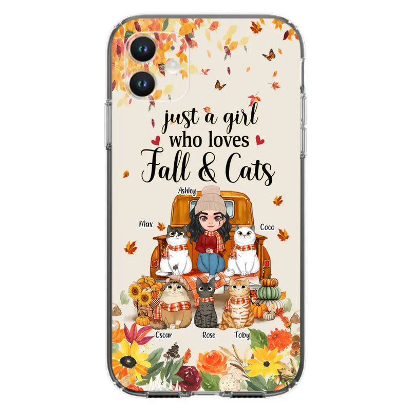 Personalized Cat Mom Autumn Phone Case - Gift Idea For Cat Owners - Up to 5 Cats - Case For iPhone/Samsung - Just A Girl Who Loves Fall & Cats