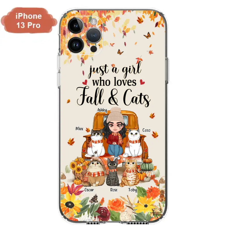 Personalized Cat Mom Autumn Phone Case - Gift Idea For Cat Owners - Up to 5 Cats - Case For iPhone/Samsung - Just A Girl Who Loves Fall & Cats