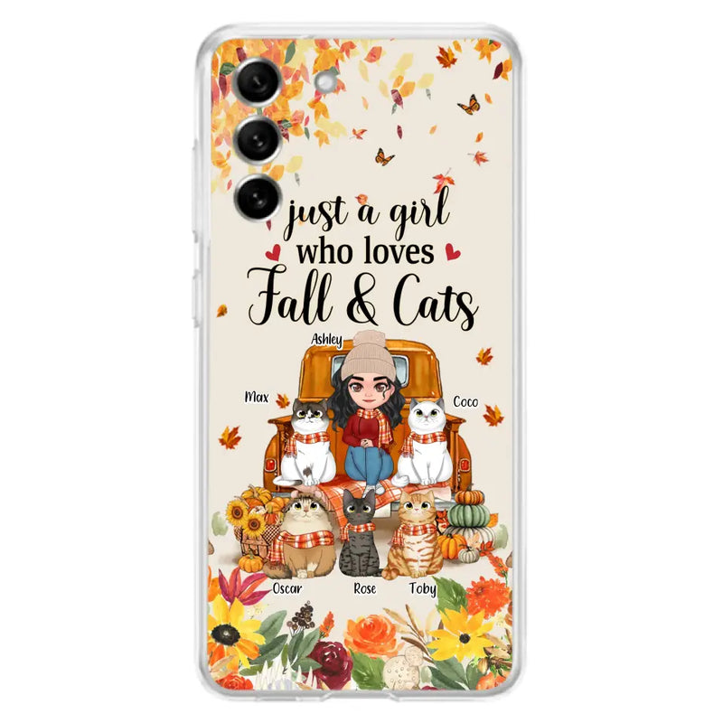 Personalized Cat Mom Autumn Phone Case - Gift Idea For Cat Owners - Up to 5 Cats - Case For iPhone/Samsung - Just A Girl Who Loves Fall & Cats