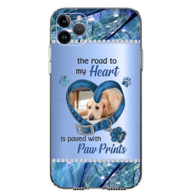 Custom Personalized Memorial Dog Collar Phone Case - Upload Photo - Memorial Gift Idea For Dog Owner - The Road To My Heart Is Paved With Paw Prints - Case for iPhone/ Samsung