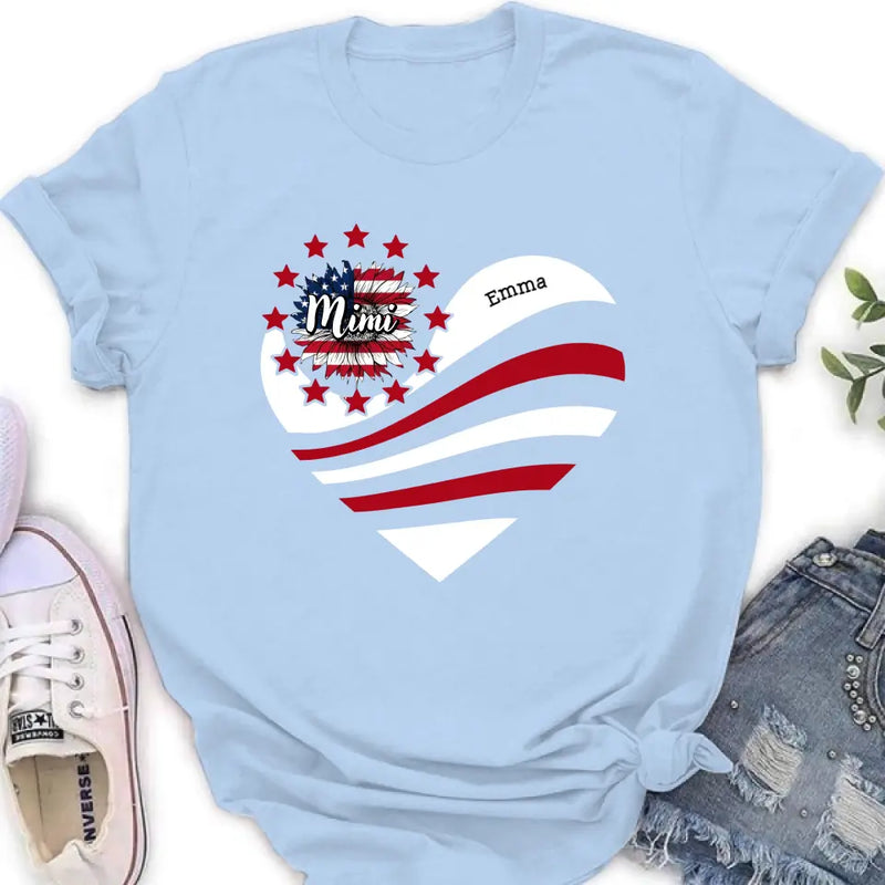 Personalized Grandma With Grandkids Sunflower American Flag T-Shirt/Hoodie - Up to 10 Kids - Gift Idea For Grandma/Mom/Independence Day/4th Of July