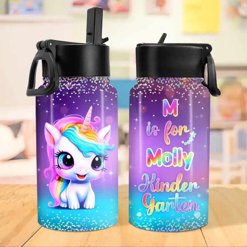Personalized Unicorn Kid Water Bottle With Straw Lid - Gift Idea For Your Kid/Back To School