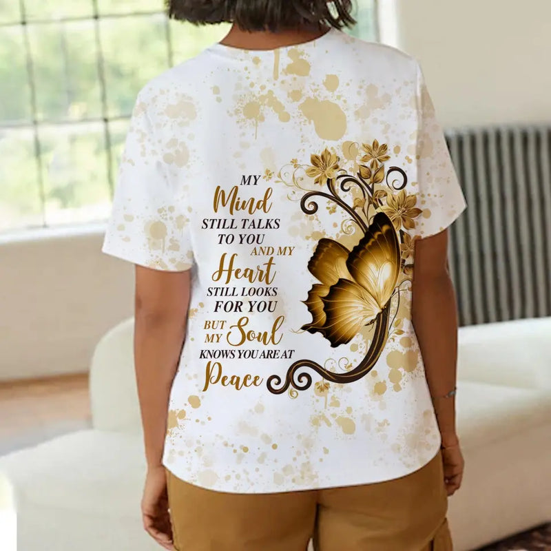 Personalized Memorial AOP T-shirt - Upload Photo - Memorial Gift Idea For Family Member - My Mind Still Talks To You And My Heart Still Looks For You
