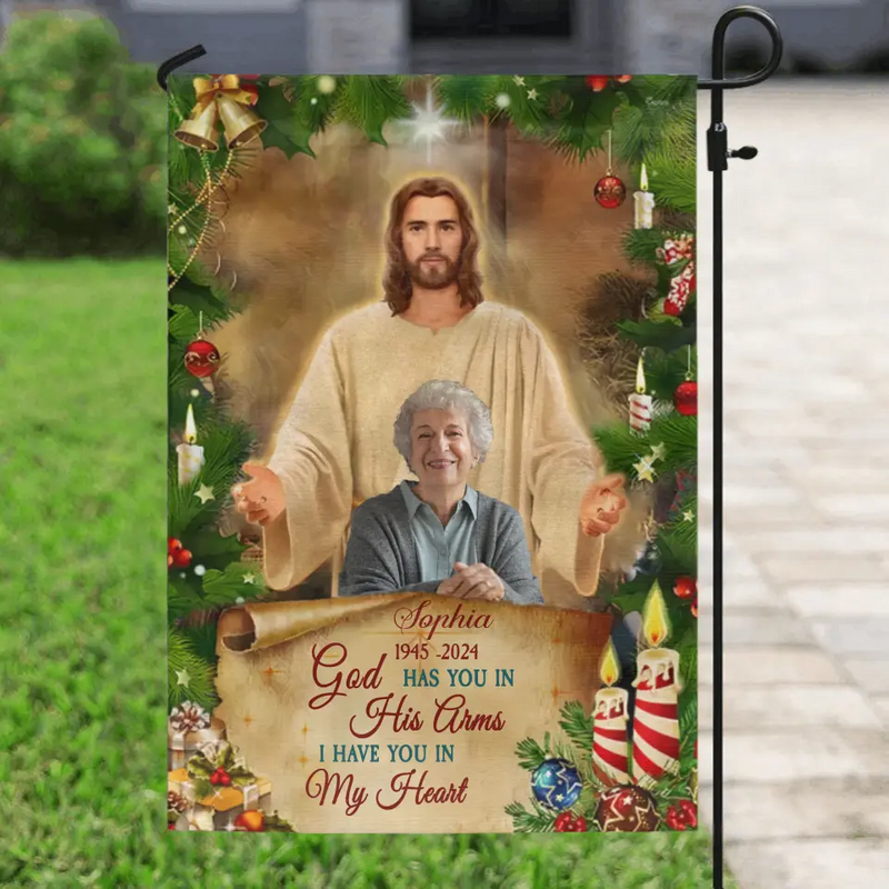 Personalized Welcome Home Memorial Flag Sign - Memorial Gift Idea For Family Members - God Has You In His Arms I Have You In My Heart