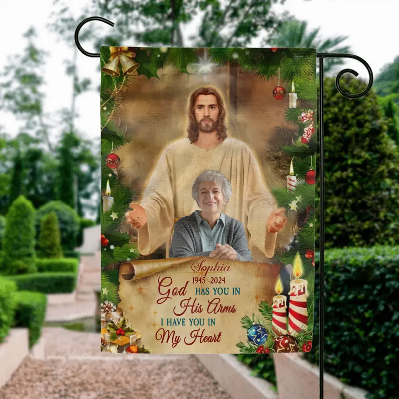 Personalized Welcome Home Memorial Flag Sign - Memorial Gift Idea For Family Members - God Has You In His Arms I Have You In My Heart