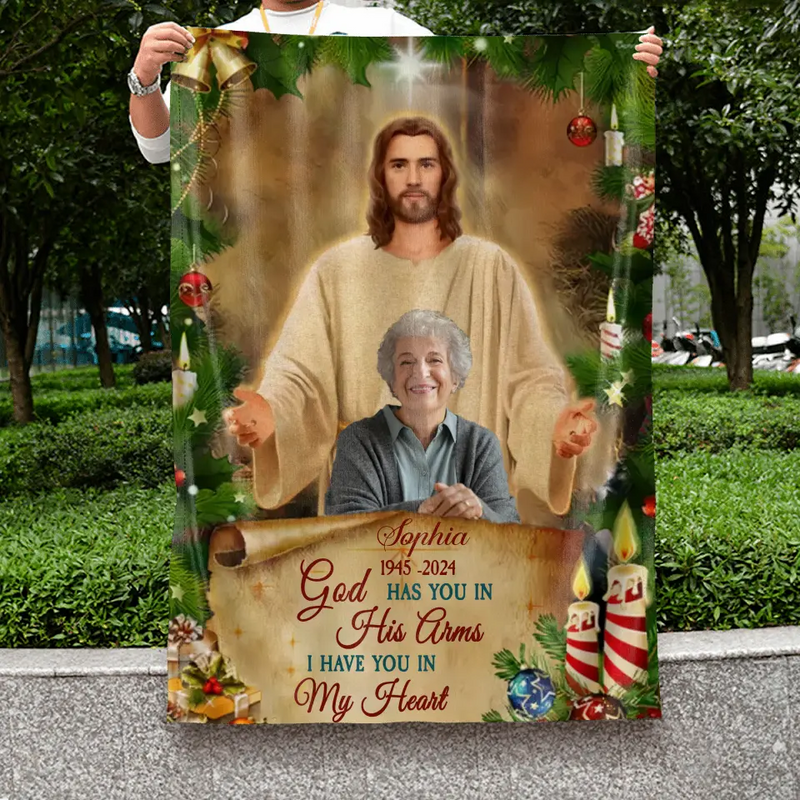 Personalized Welcome Home Memorial Flag Sign - Memorial Gift Idea For Family Members - God Has You In His Arms I Have You In My Heart