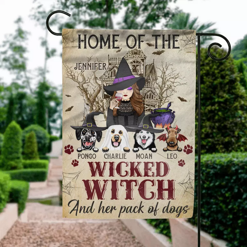 Personalized Witch Dog Flag Sign - Home Of The Wicked Witch And Her Pack Of Dogs - Halloween Gift Idea For Family/Witch/Dog Lovers With Up to 4 Dogs