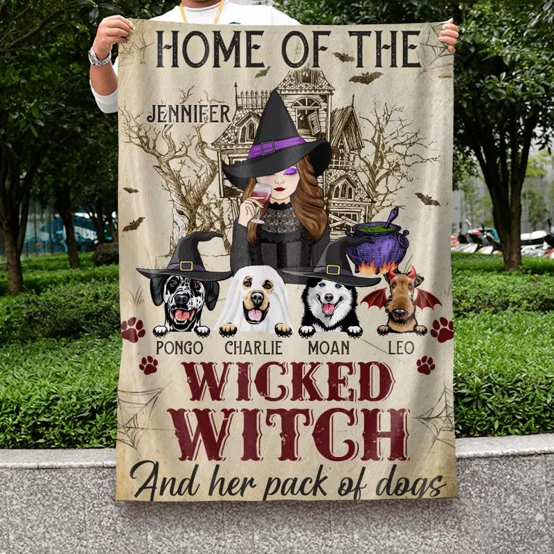 Personalized Witch Dog Flag Sign - Home Of The Wicked Witch And Her Pack Of Dogs - Halloween Gift Idea For Family/Witch/Dog Lovers With Up to 4 Dogs