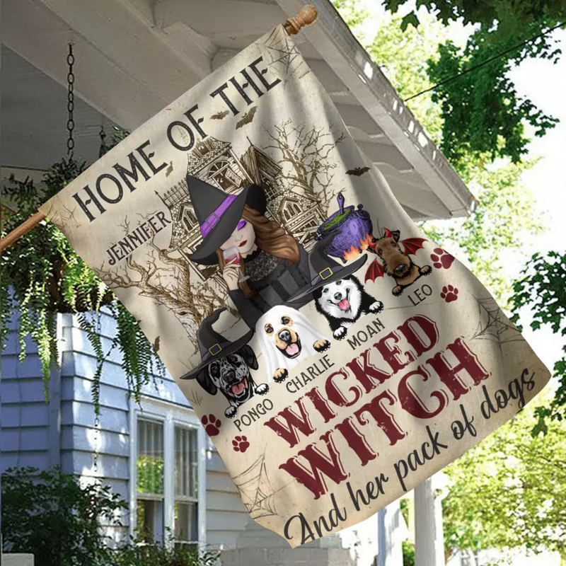 Personalized Witch Dog Flag Sign - Home Of The Wicked Witch And Her Pack Of Dogs - Halloween Gift Idea For Family/Witch/Dog Lovers With Up to 4 Dogs