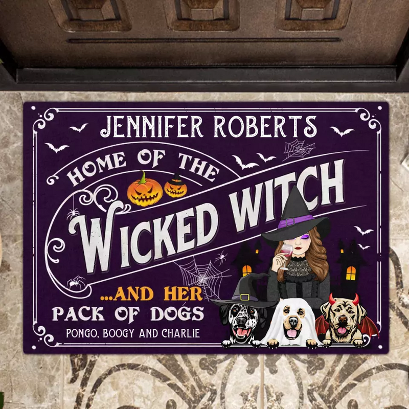 Personalized Witch Dog Doormat - Gift Idea For Witch/Halloween/Dog Lovers With Up To 3 Dogs - Home Of The Wicked Witch And Her Pack Of Dogs
