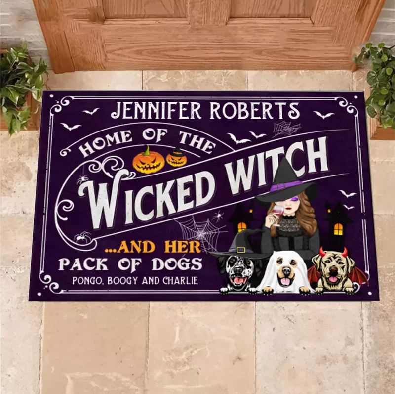 Personalized Witch Dog Doormat - Gift Idea For Witch/Halloween/Dog Lovers With Up To 3 Dogs - Home Of The Wicked Witch And Her Pack Of Dogs
