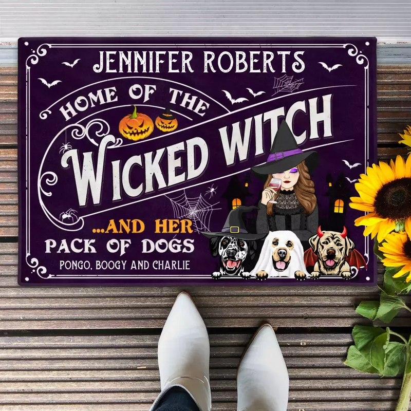Personalized Witch Dog Doormat - Gift Idea For Witch/Halloween/Dog Lovers With Up To 3 Dogs - Home Of The Wicked Witch And Her Pack Of Dogs