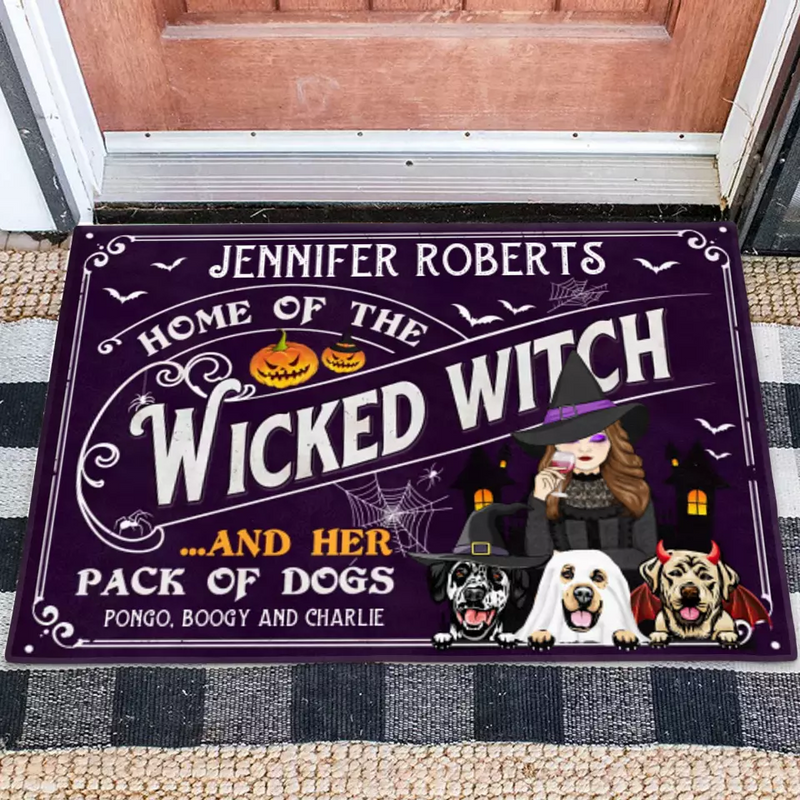 Personalized Witch Dog Doormat - Gift Idea For Witch/Halloween/Dog Lovers With Up To 3 Dogs - Home Of The Wicked Witch And Her Pack Of Dogs