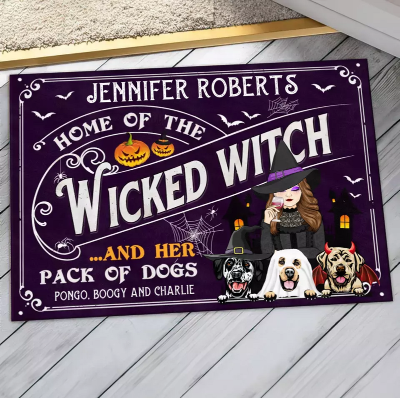 Personalized Witch Dog Doormat - Gift Idea For Witch/Halloween/Dog Lovers With Up To 3 Dogs - Home Of The Wicked Witch And Her Pack Of Dogs