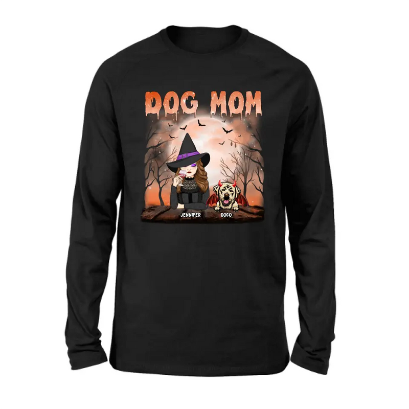 Personalized Dog Mom T-Shirt/Long Sleeve/Sweatshirt/Hoodie - Halloween Gift Idea For Witch/Dog Lover - Up to 6 Dogs