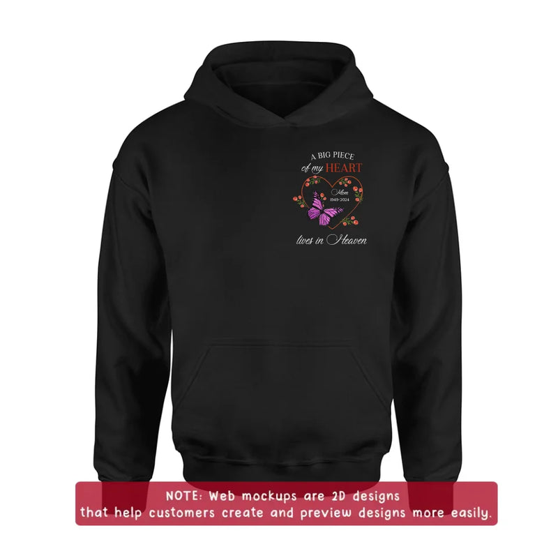 Personalized Memorial Butterflies Embroidered T-Shirt/Sweater/Hoodie - Memorial Gift Idea For Family Member - A Big Piece Of My Heart Lives In Heaven