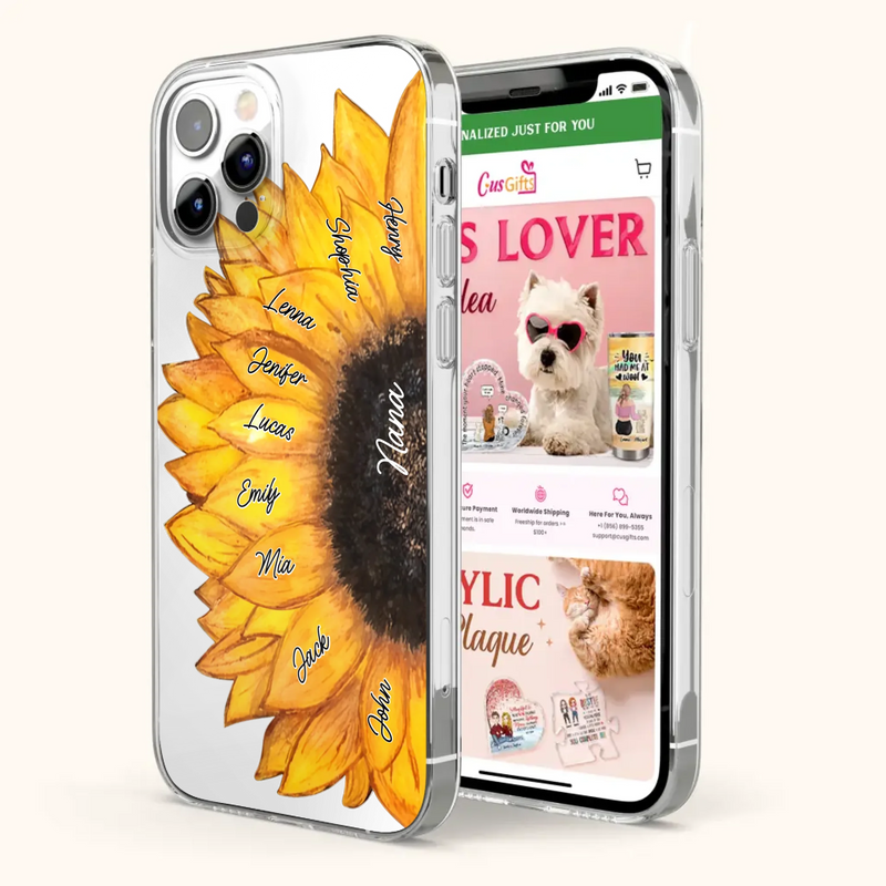 Personalized Sunflower Grandma Phone Case - Up to 9 Kids - Mother's Day Gift Idea for Mom/Grandma
