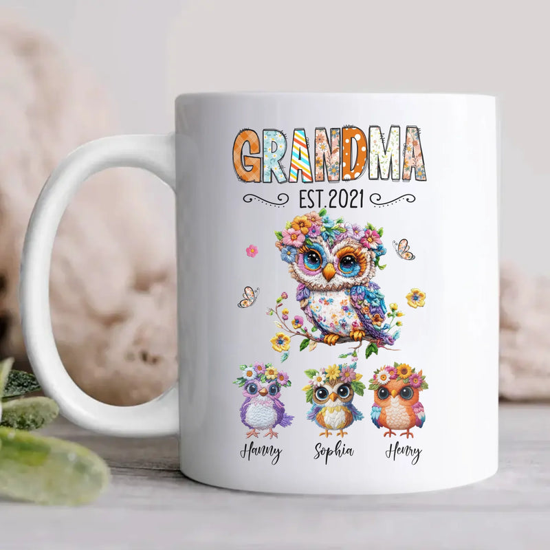 Personalized Owl Grandma Embroidered Effect Design Coffee Mug - Up to 6 Kids - Mother's Day Gift Idea for Grandma/ Mom