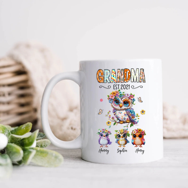 Personalized Owl Grandma Embroidered Effect Design Coffee Mug - Up to 6 Kids - Mother's Day Gift Idea for Grandma/ Mom