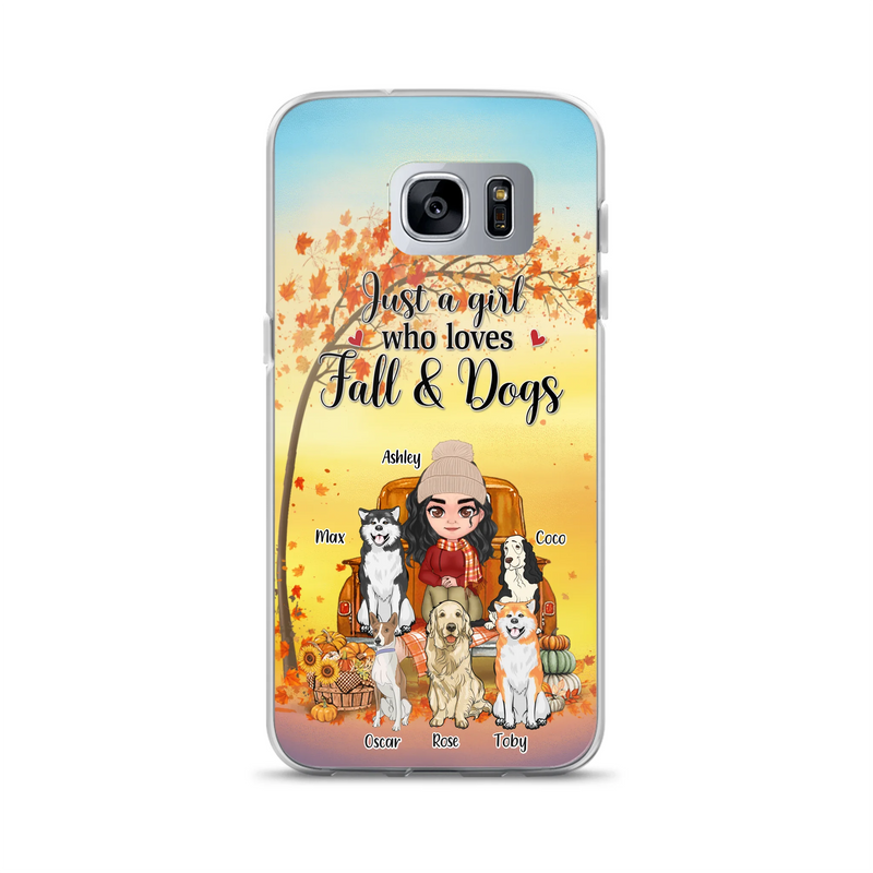 Personalized Dog Mom Fall Season Phone Case - Autumn Gift Idea For Dog Owners - Up to 5 Dogs - Case For iPhone/Samsung - Just A Girl Who Loves Fall & Dogs